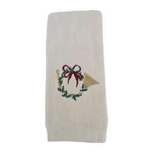 Vintage 1990's R.A. Briggs Christmas Horn Embroidered Hand Towel Cream Cotton